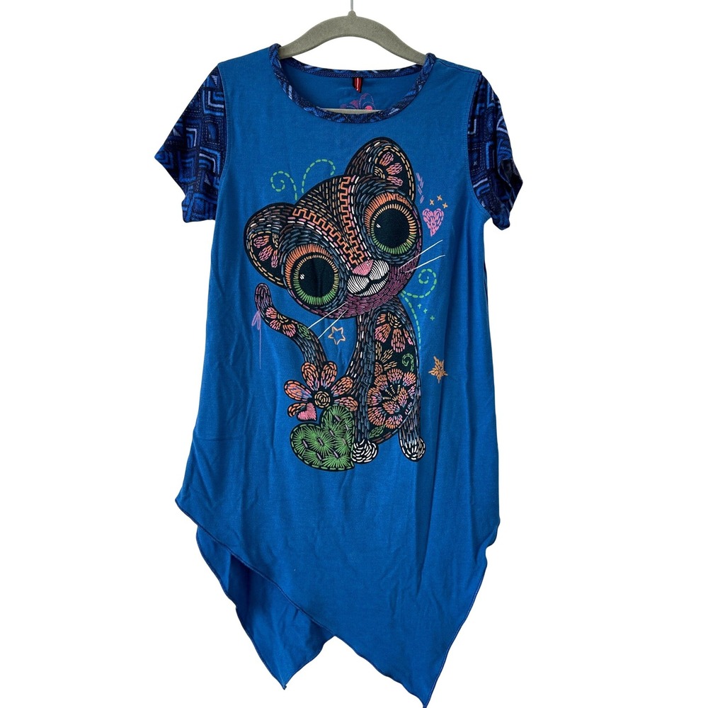 Ay Güey Girls Blue Graphic Cat Tunic Top Asymmetrical Sharkbite Hem Size 6